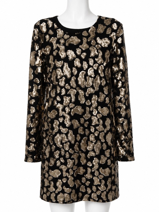 H&M Dresses & Skirts - H&M Black velvet Long-Sleeve Shift Dress with Gold Sequin Animal Print. Size-L